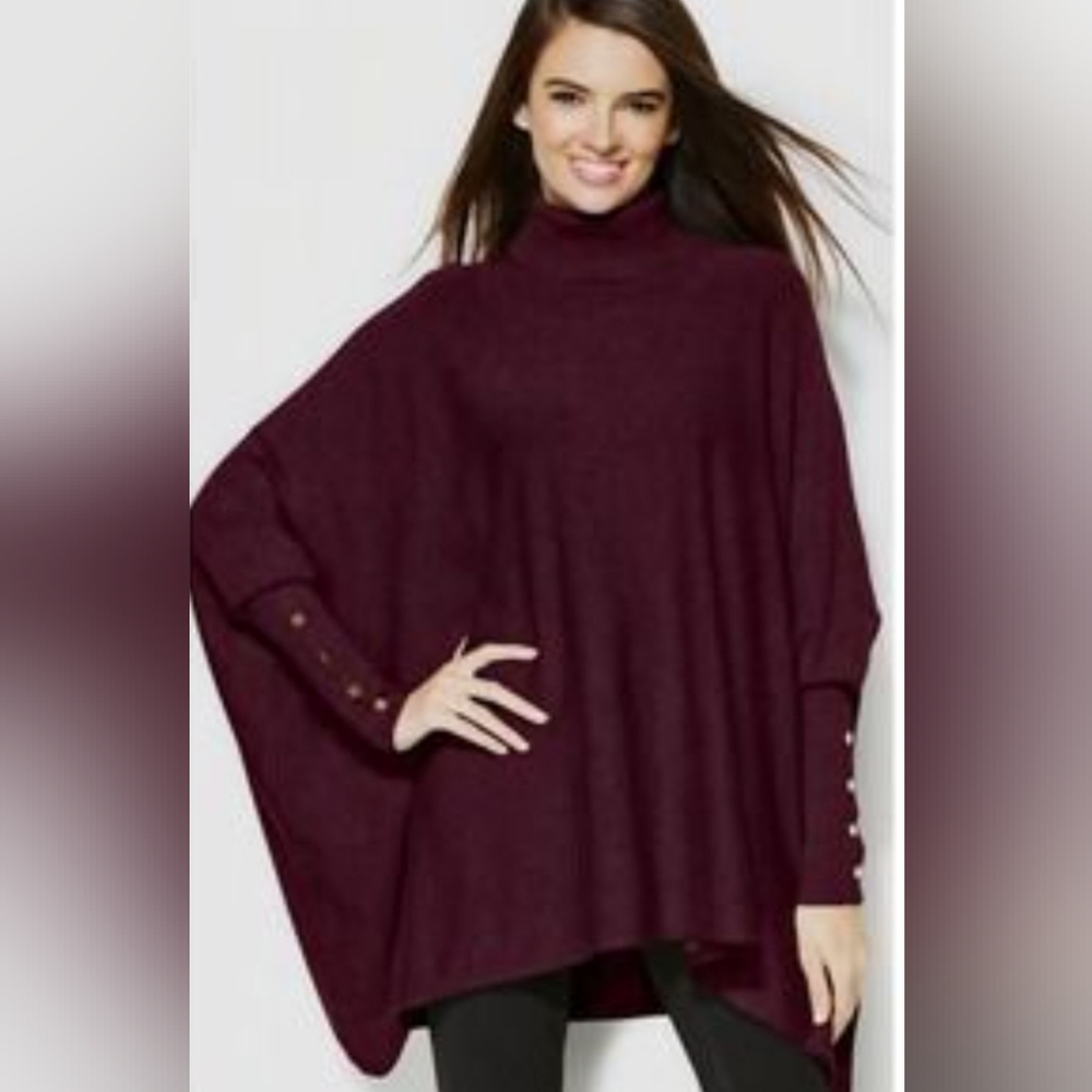 Alfani Deep Burgundy Turtleneck Poncho Sweater With Batwing Sleeve Button Detail